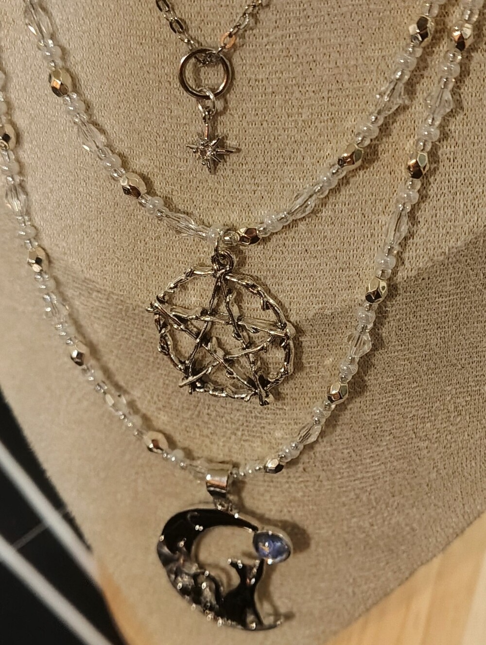 Crystal Czech Cats Eye Layered Necklace with Star Charm - Clear